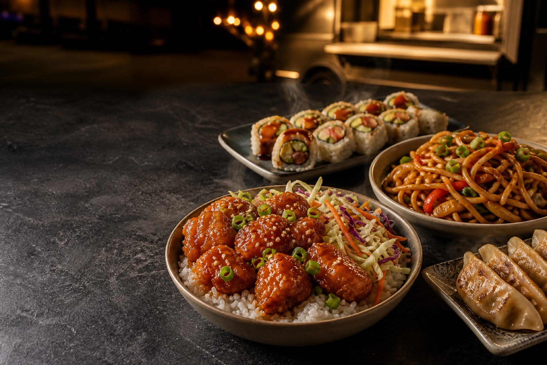 Asian fusion spread with rolls, orange chicken, noodles and dumplings