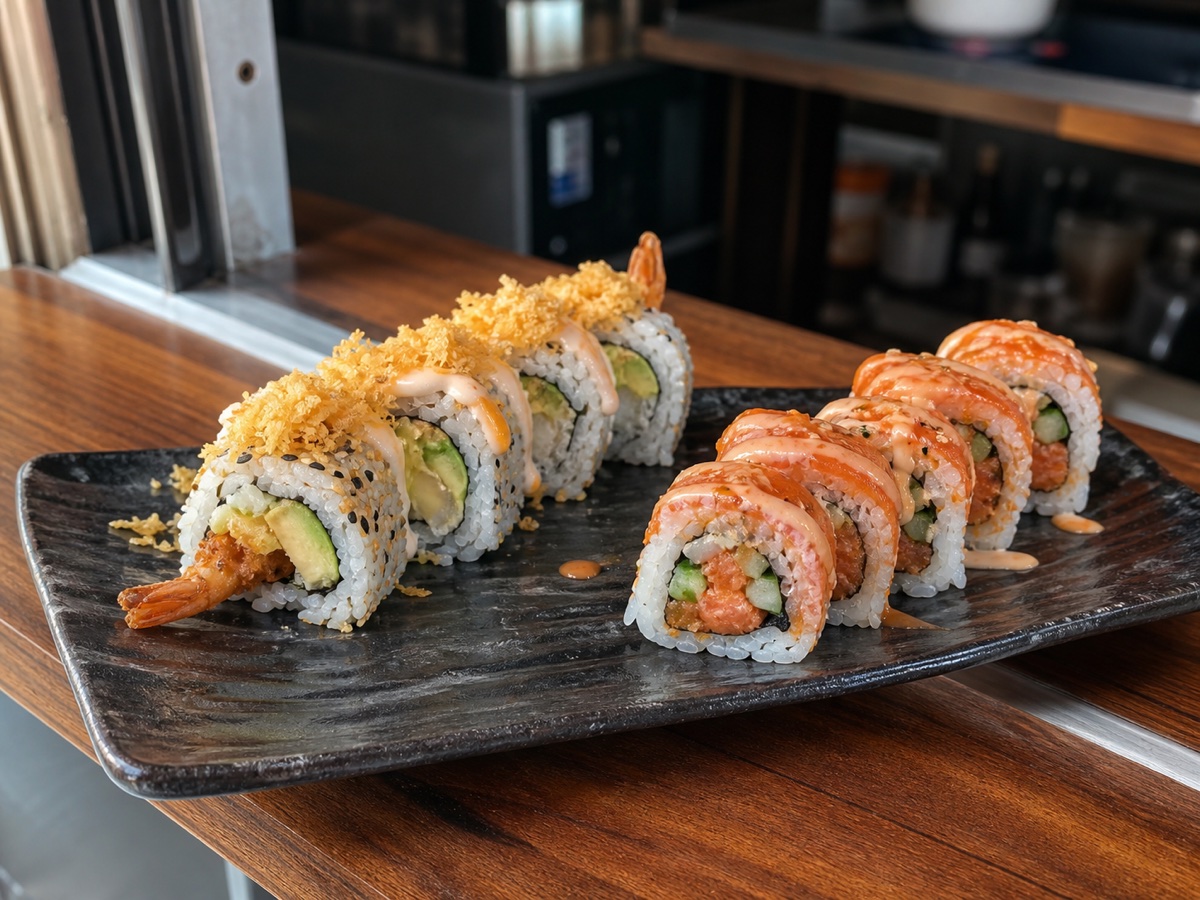 Crispy shrimp and spicy salmon American-style rolls